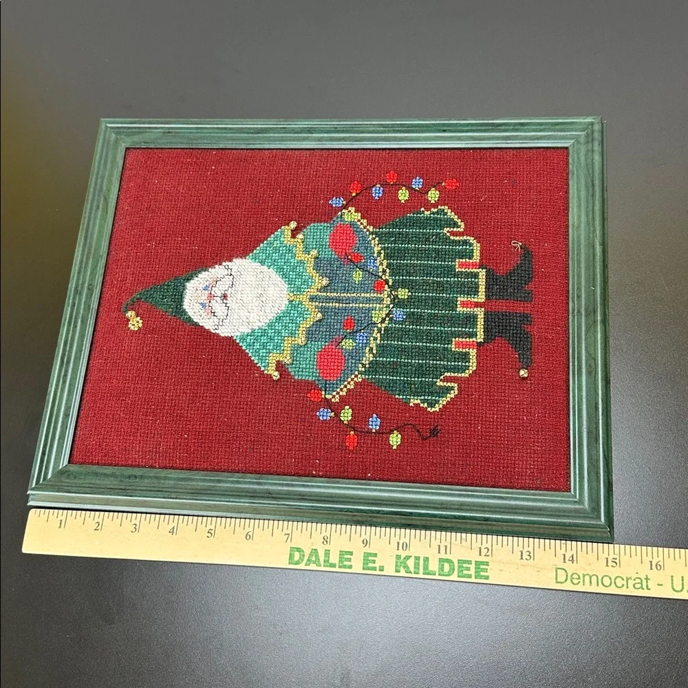 Vtg Handmade Completed Cross Stitch Santa Claus‎ Framed Art No Glass Wall Decor